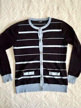 Button Up Striped Cardigan Navy Blue with Light Blue Stripes - La Madona